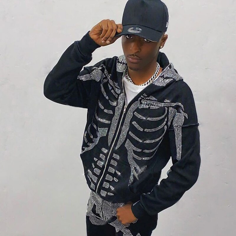 Gothic Rhinestone Skeleton Mens Hoodie
